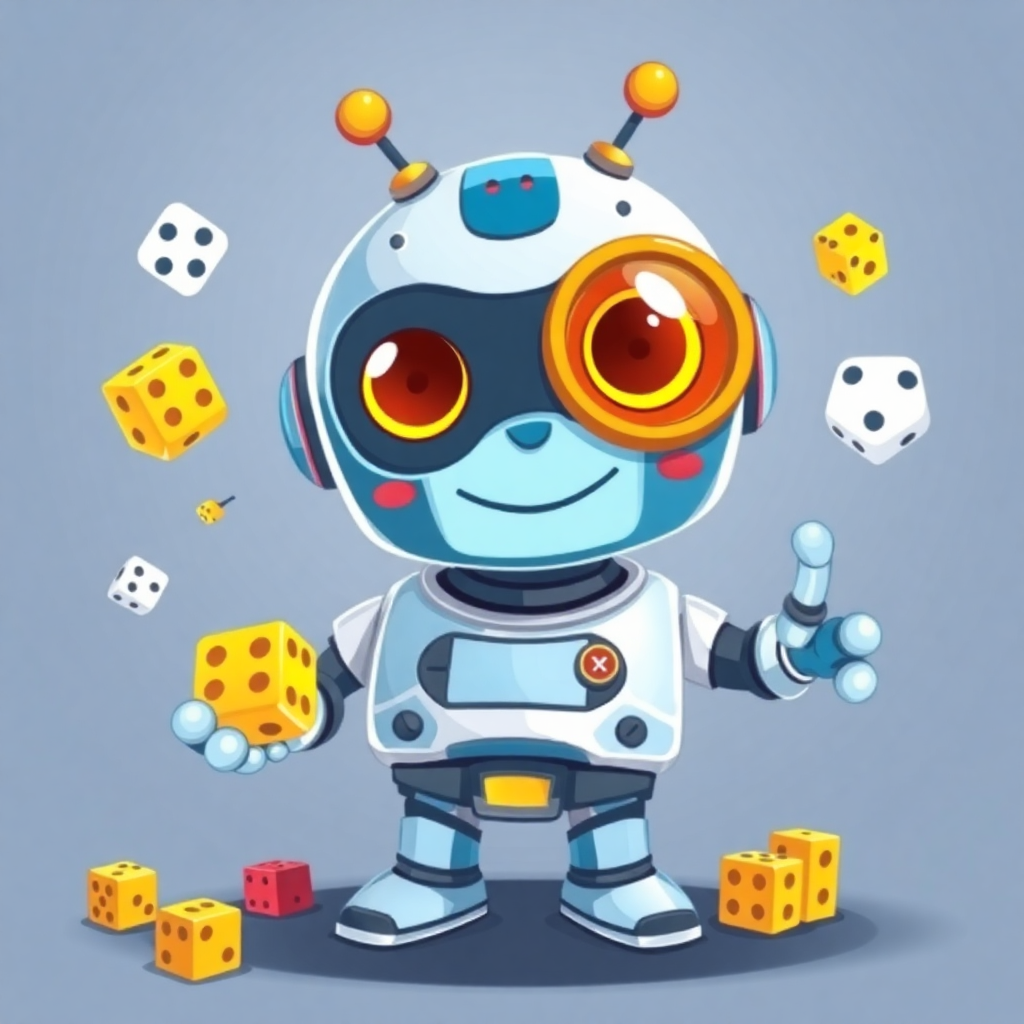 friendly AI robot guru character with dice and board game pieces, cartoon style, colorful